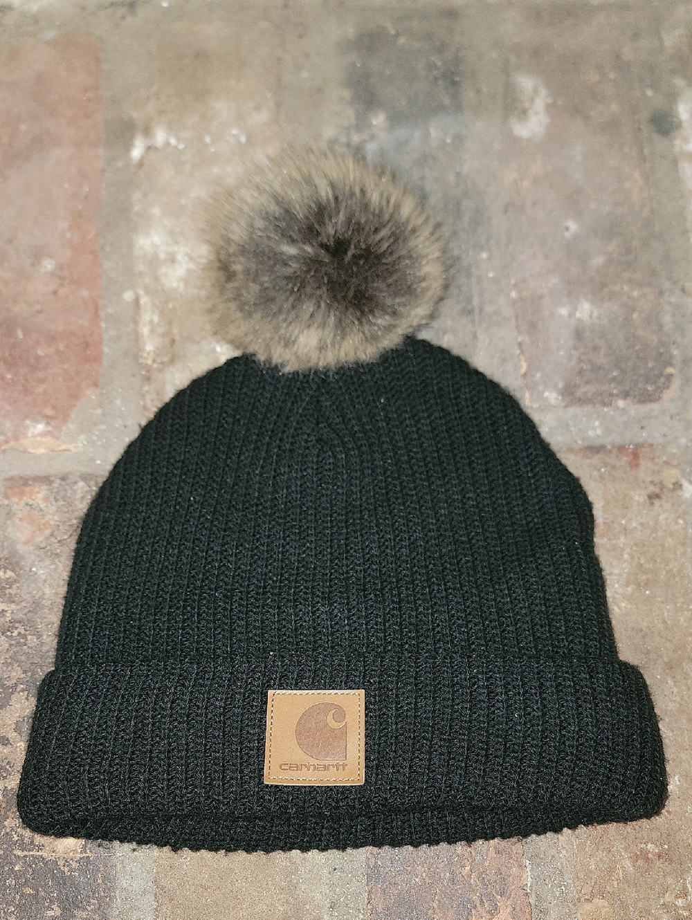 Carhartt Black Ribbed Knit Beanie with Brown Faux Fur Pom